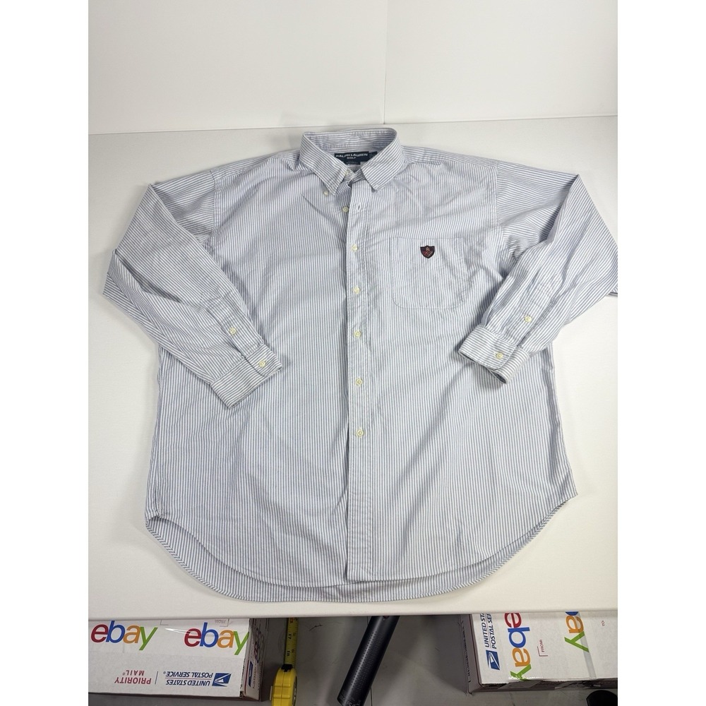 Ralph Lauren Golf Tilden Shirt Men's XL Blue White Stripe Button Front Cotton